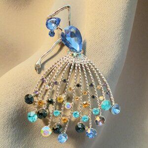 Dancer Brooch Blue Crystal Open Skirt Statement 3"
